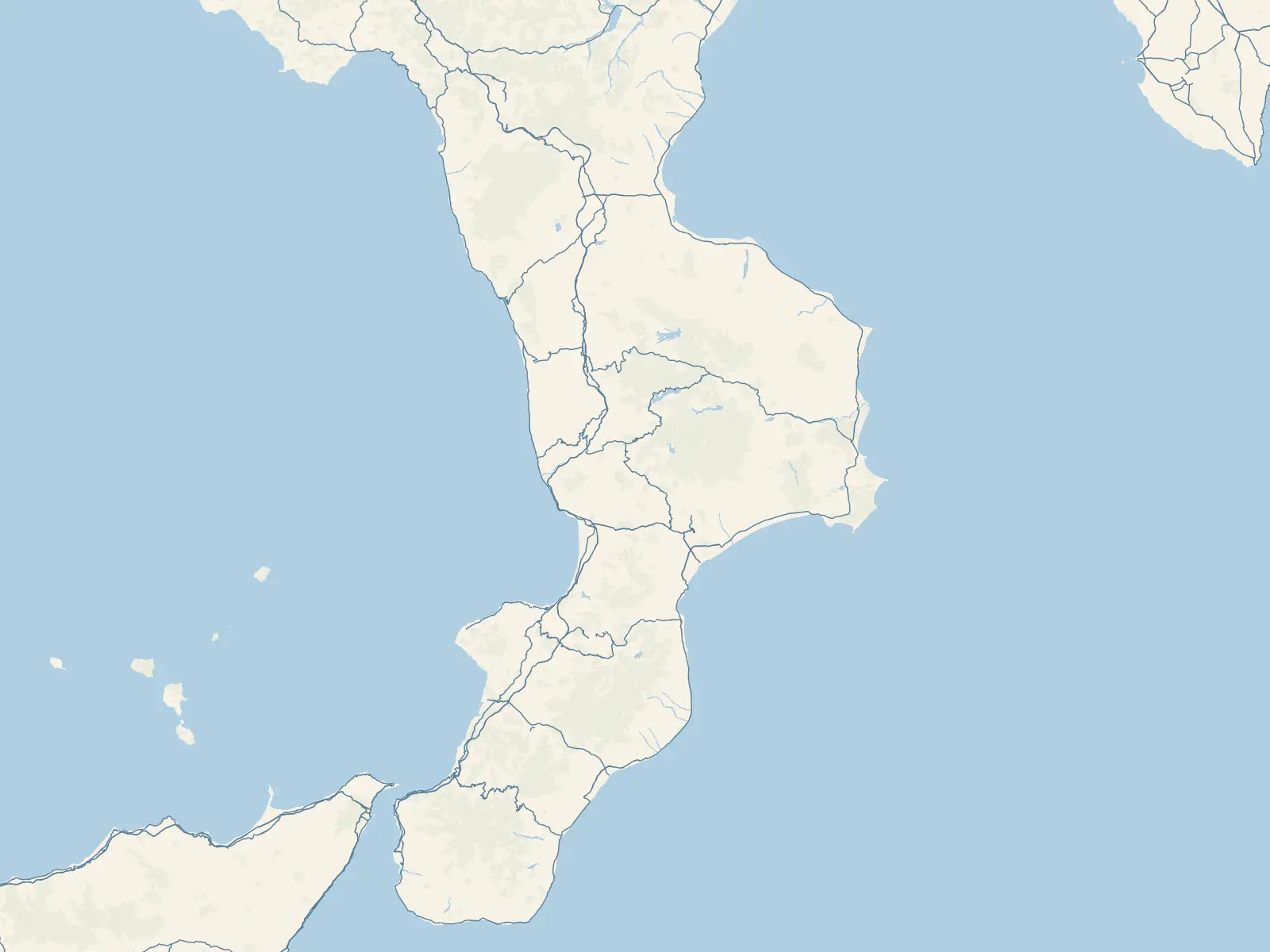 Carta della Calabria con 27 approdi segnati da un punto colorato per tipo.