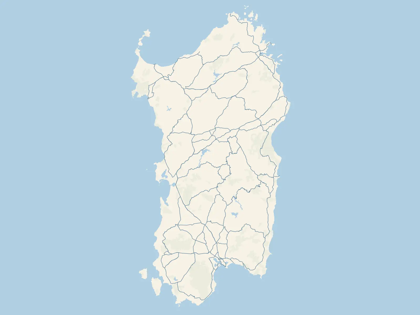 Carta della Sardegna con 70 approdi segnati da un punto colorato per tipo.