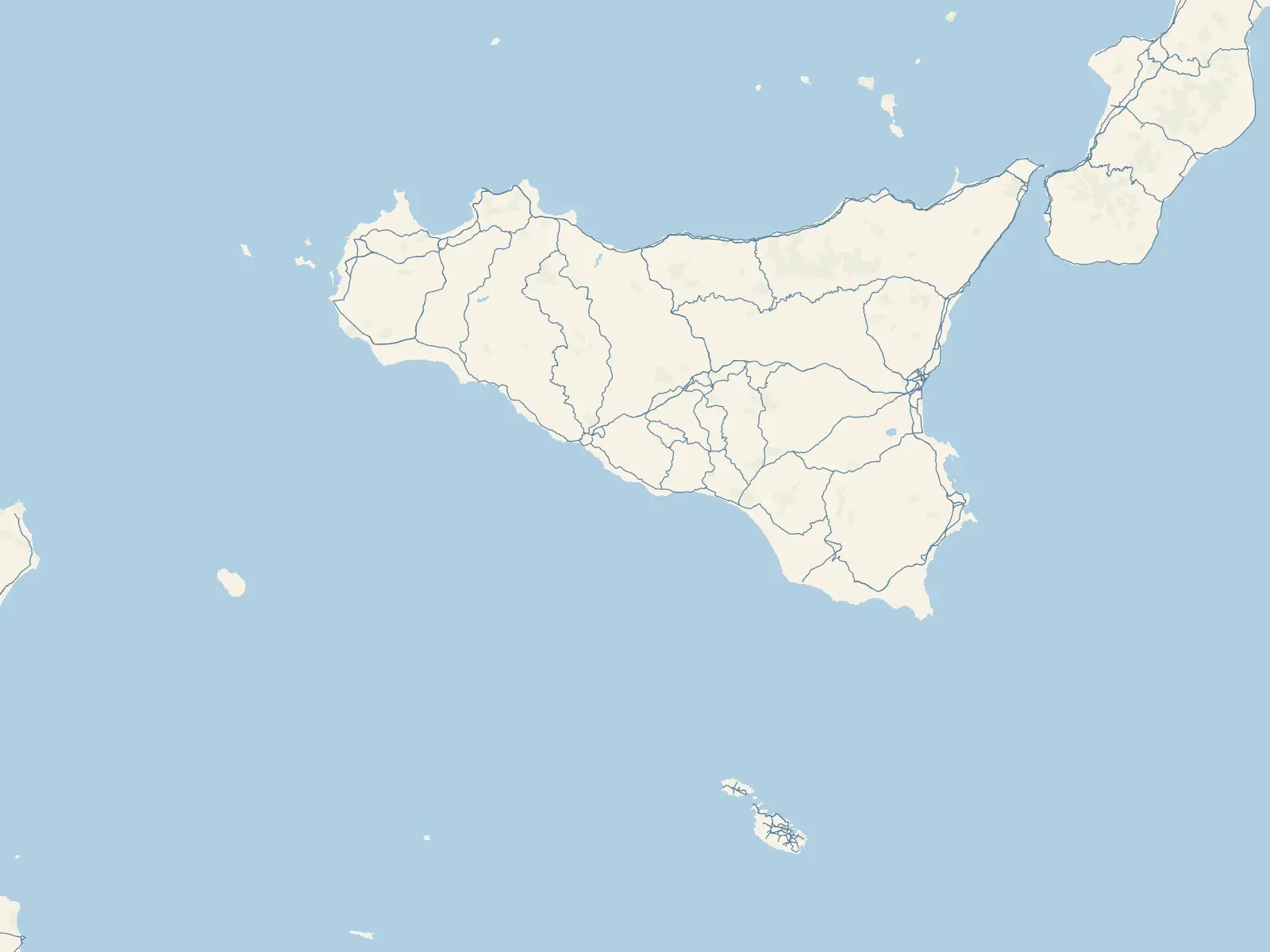 Carta della Sicilia con 96 approdi segnati da un punto colorato per tipo.